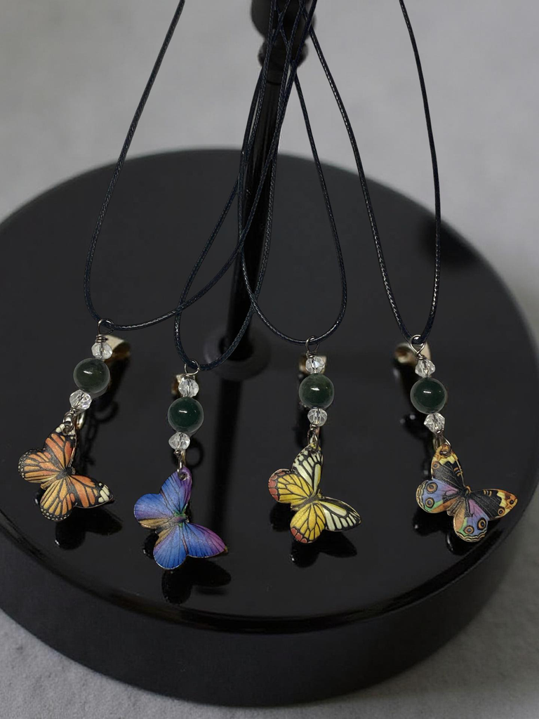 Butterfly Necklace on a Black Leather Chain with a Jade Bead