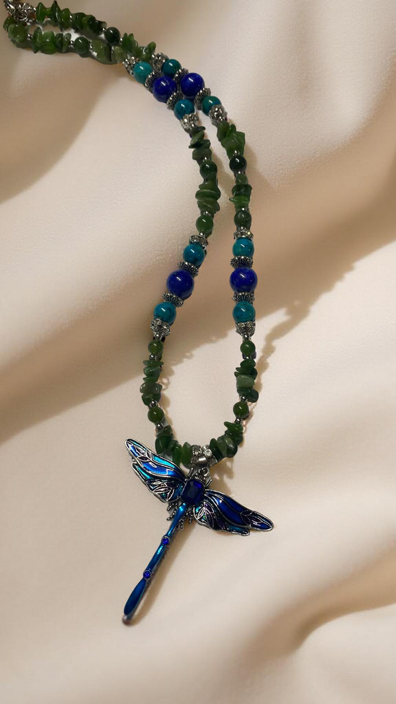 Dragonfly Necklace with Jade Beads and Gemstones