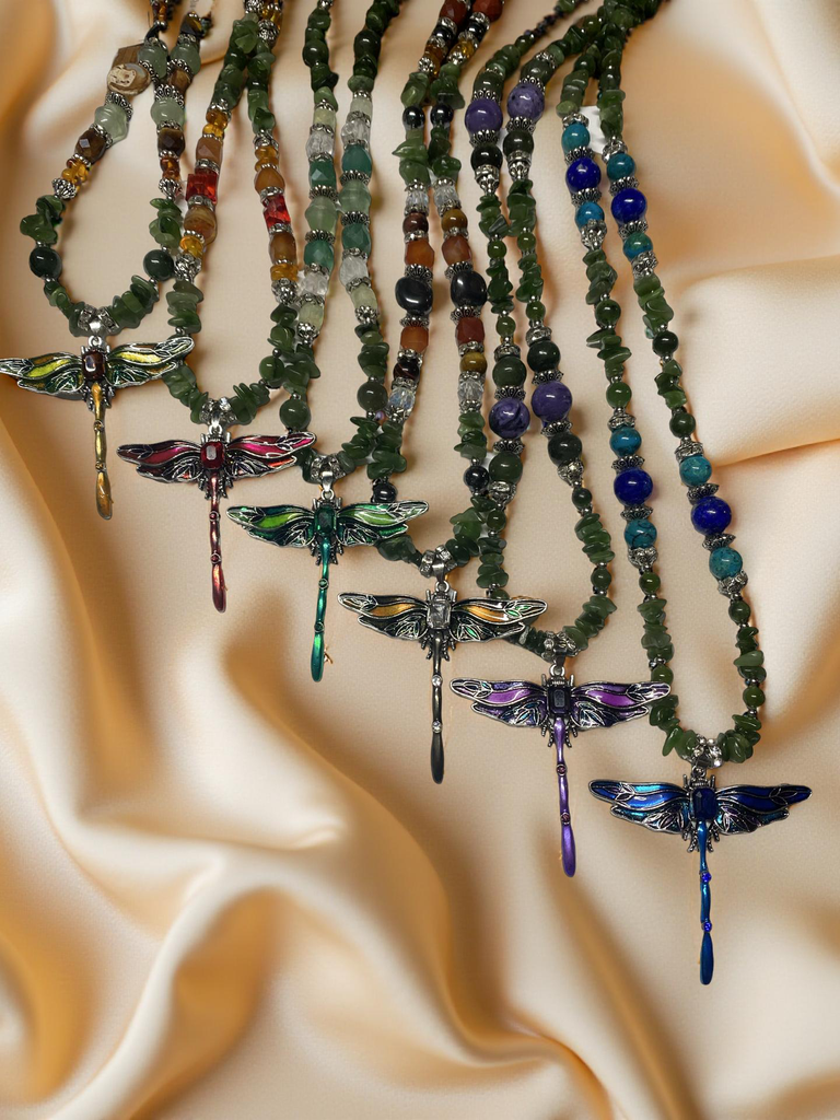 Dragonfly Necklace with Jade Beads and Gemstones