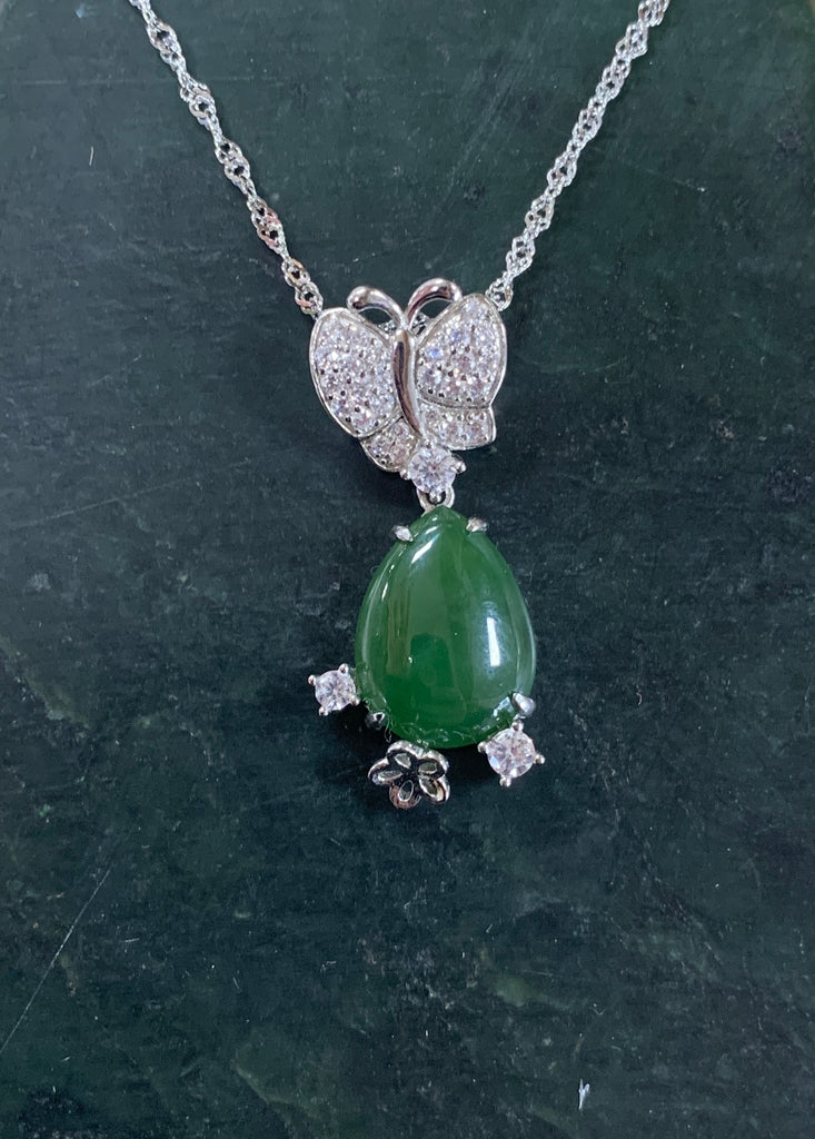 Jade Teardrop Necklace with Butterfly Accent