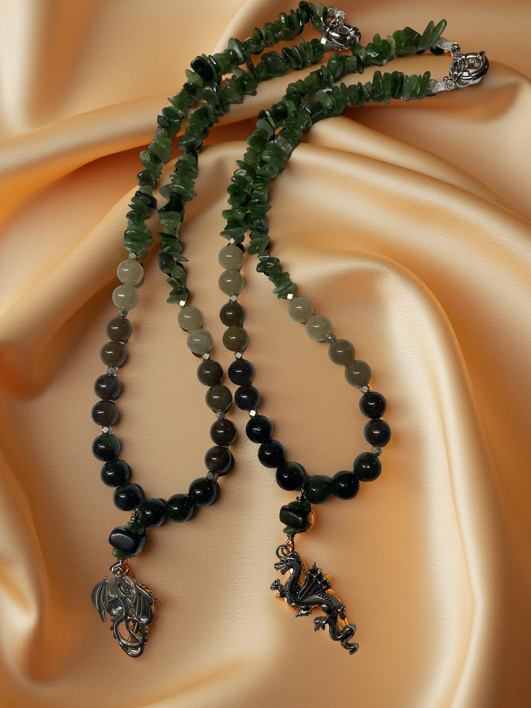 Jade Beaded Necklace with a Stainless Steel Dragon Pendant