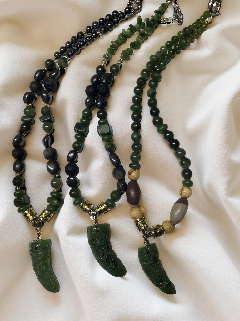 Jade Bear Fang Necklace with Assorted Gemstones