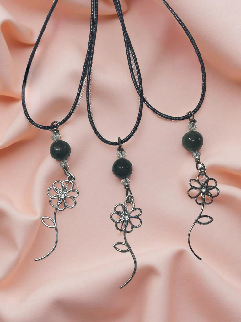 Stainless Steel Flower Necklace with a Jade Bead