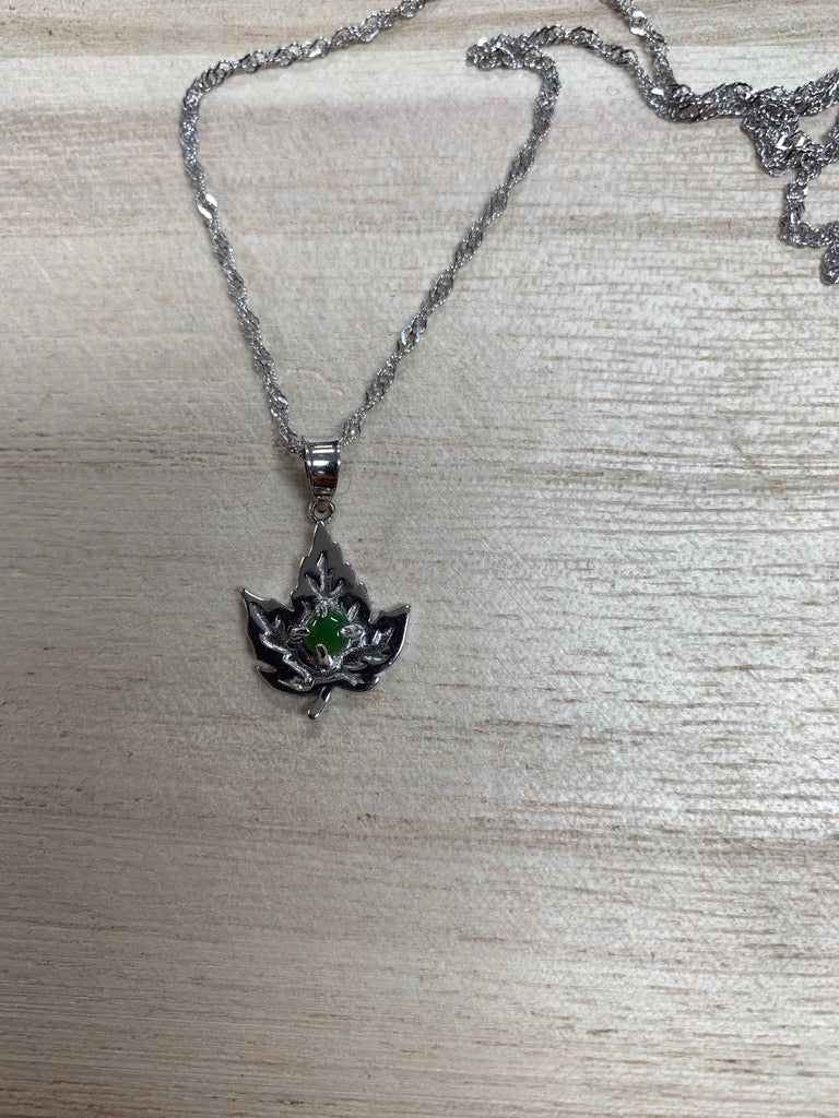 Jade and Sterling Silver Embossed Maple Leaf Necklace