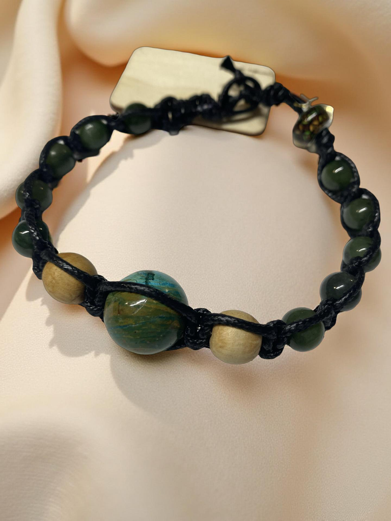Jade Beaded Bracelet with a Palo Santos beads and Blue Opal