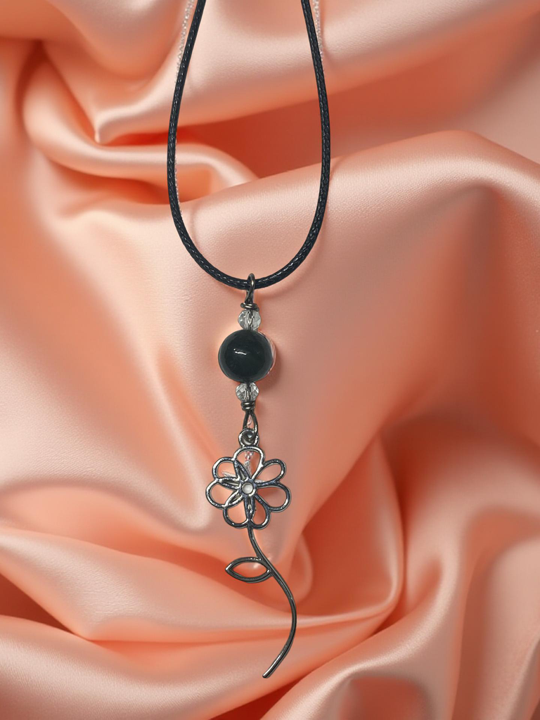 Stainless Steel Flower Necklace with a Jade Bead