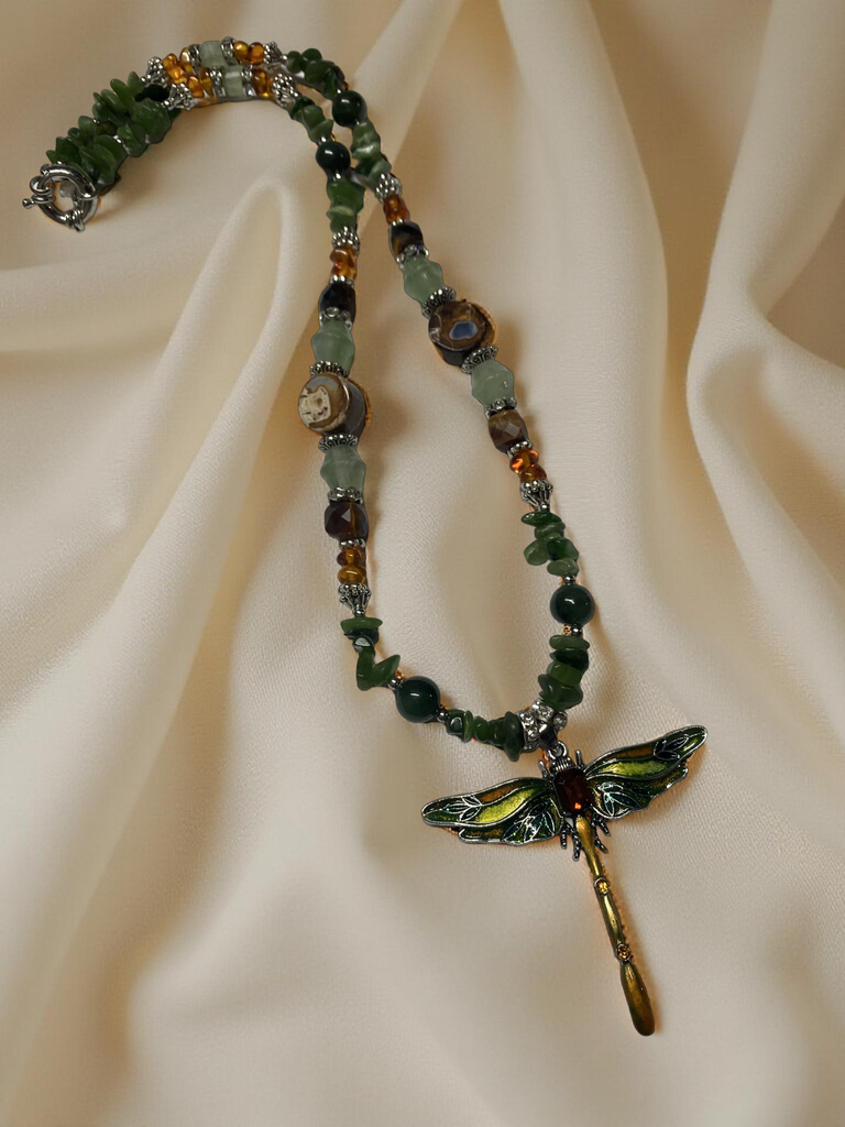 Dragonfly Necklace with Jade Beads and Gemstones