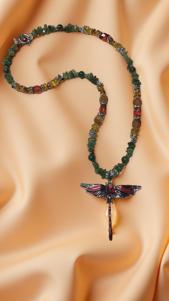 Dragonfly Necklace with Jade Beads and Gemstones