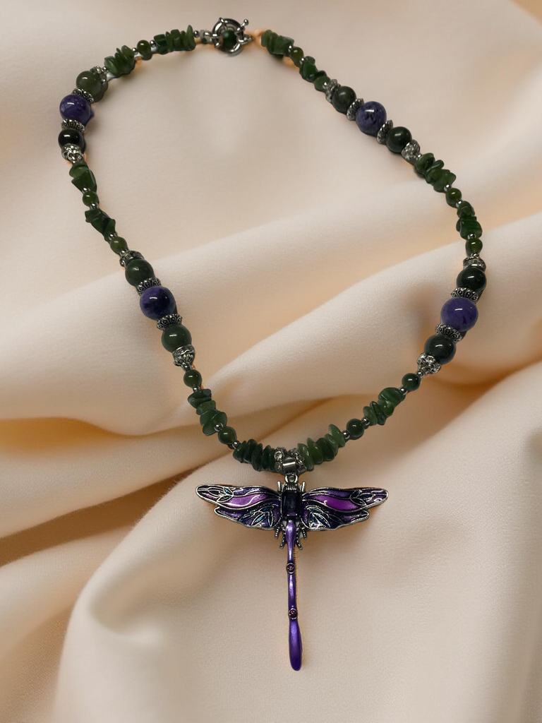 Dragonfly Necklace with Jade Beads and Gemstones