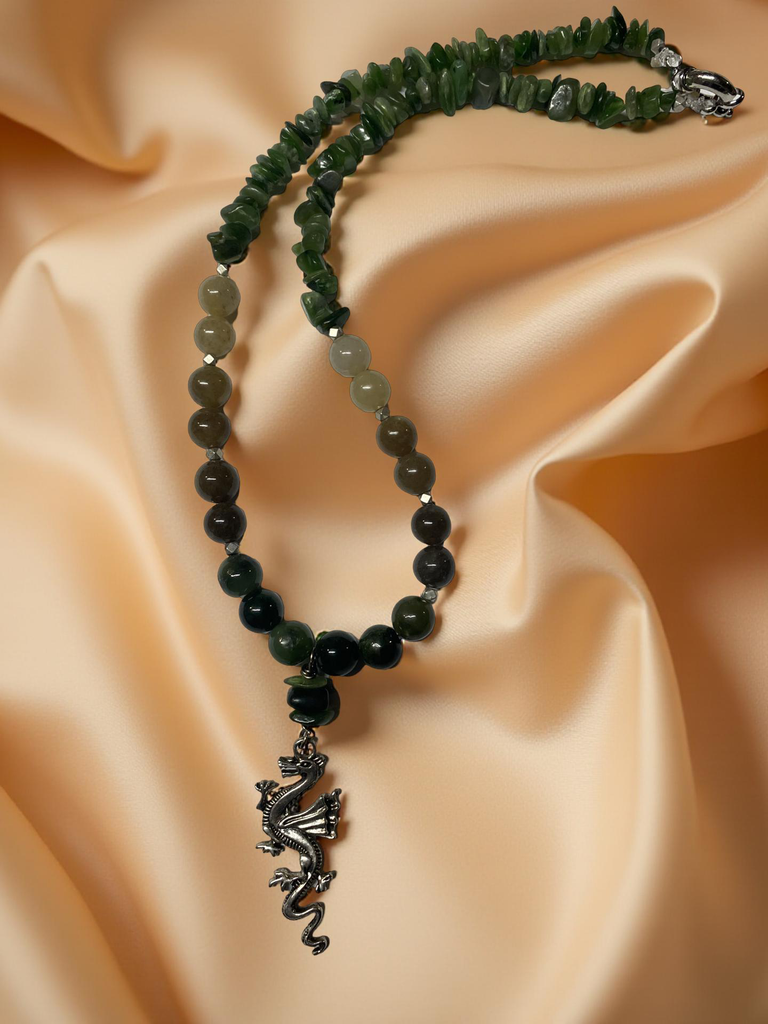 Jade Beaded Necklace with a Stainless Steel Dragon Pendant