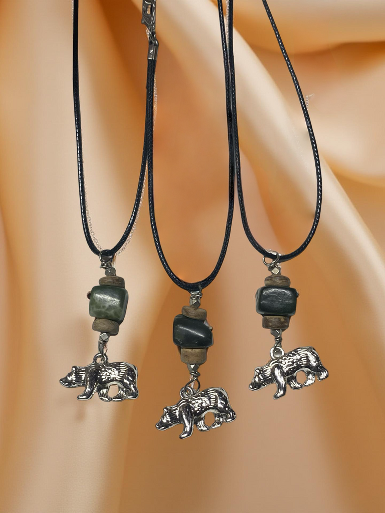 Stainless Steel Bear Necklace with a Jade Bead