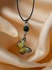 Butterfly Necklace on a Black Leather Chain with a Jade Bead