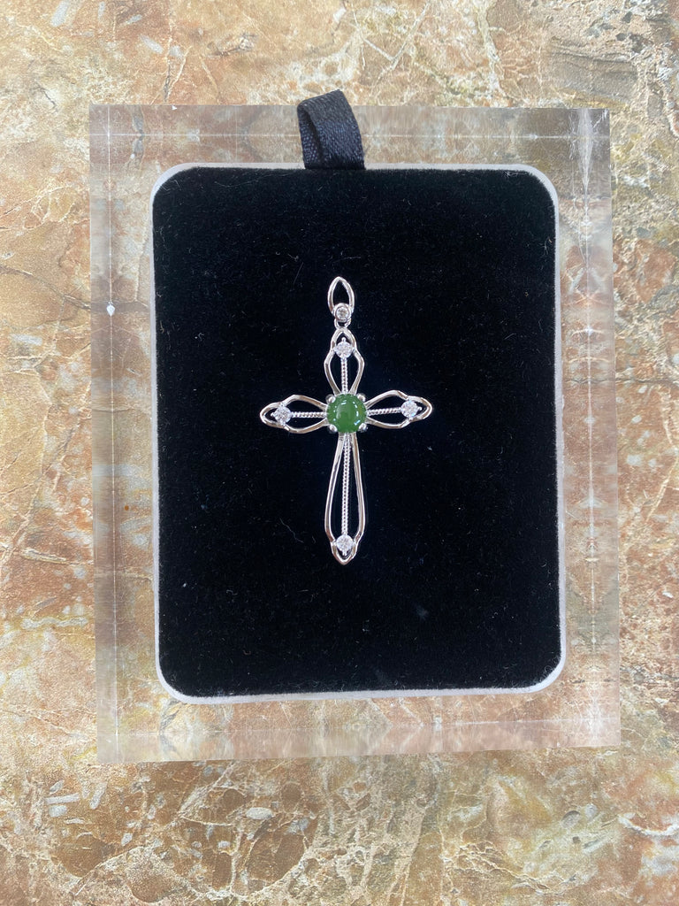 Jade center sterling silver cross pendant