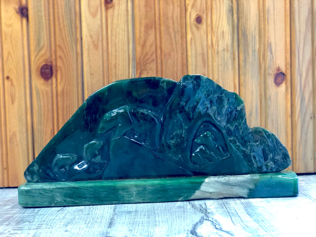 Grizzly Mom and Cub Fishing Scene on Jade