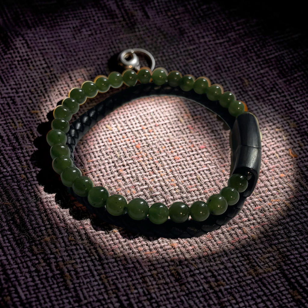 Jade bead and Leather Bracelet