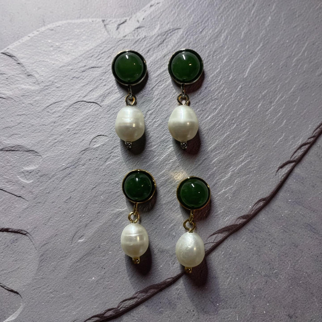 Jade Stud and Dangle Pearl Earrings