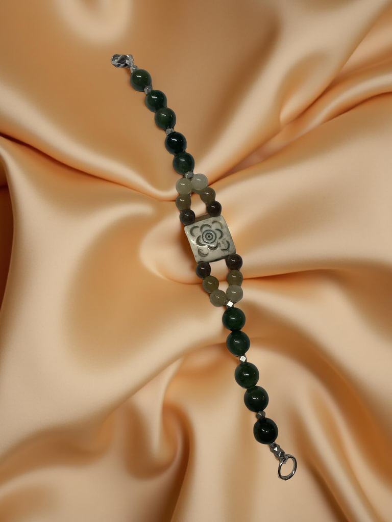 Jade Beaded Bracelet with a Flower in center