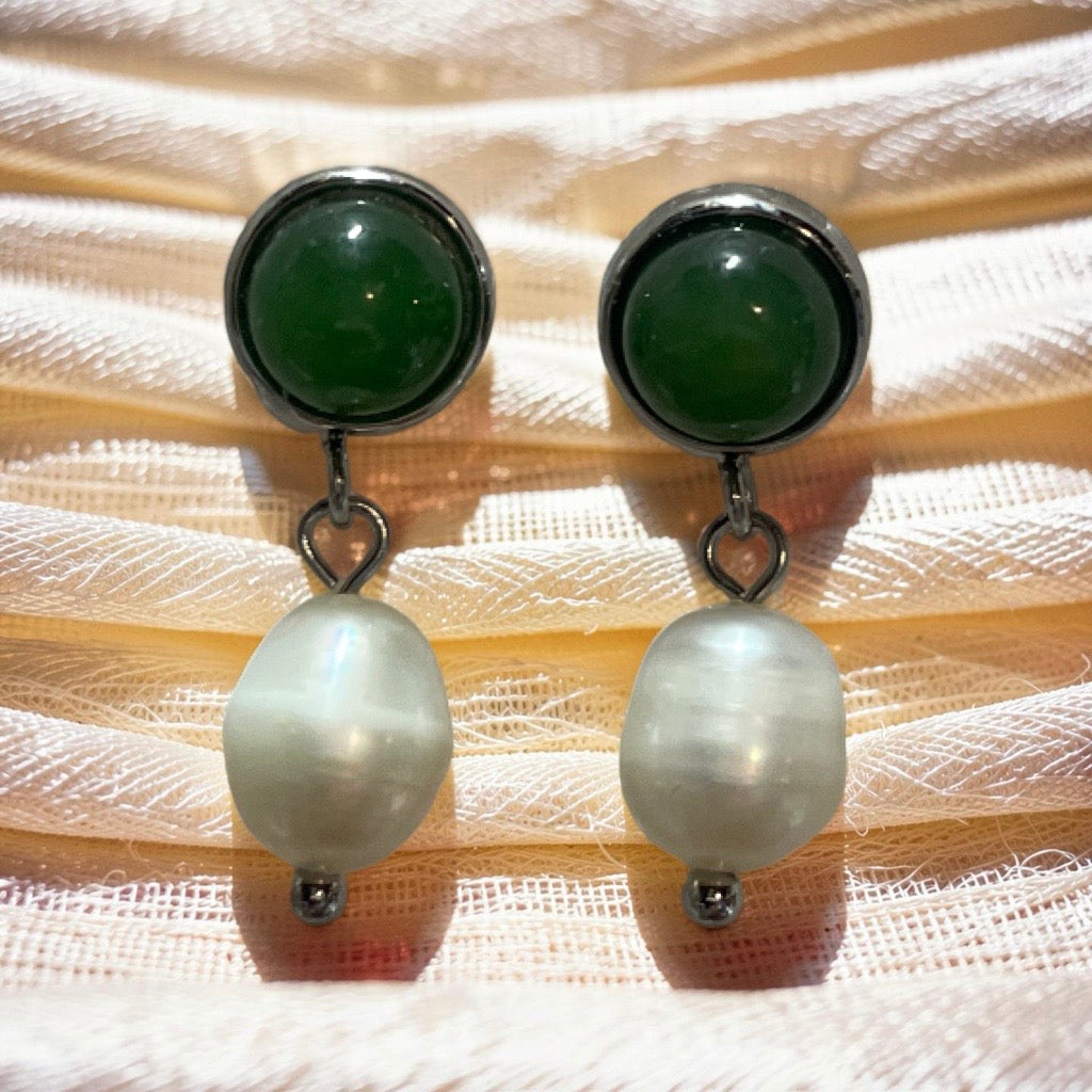 Jade Stud and Dangle Pearl Earrings