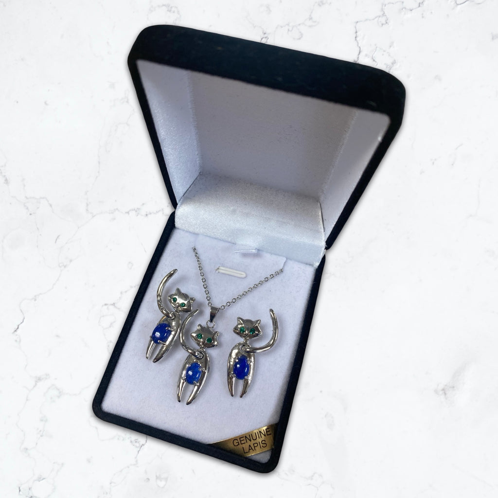 Lapis Lazuli Cats Set (earrings, necklace)