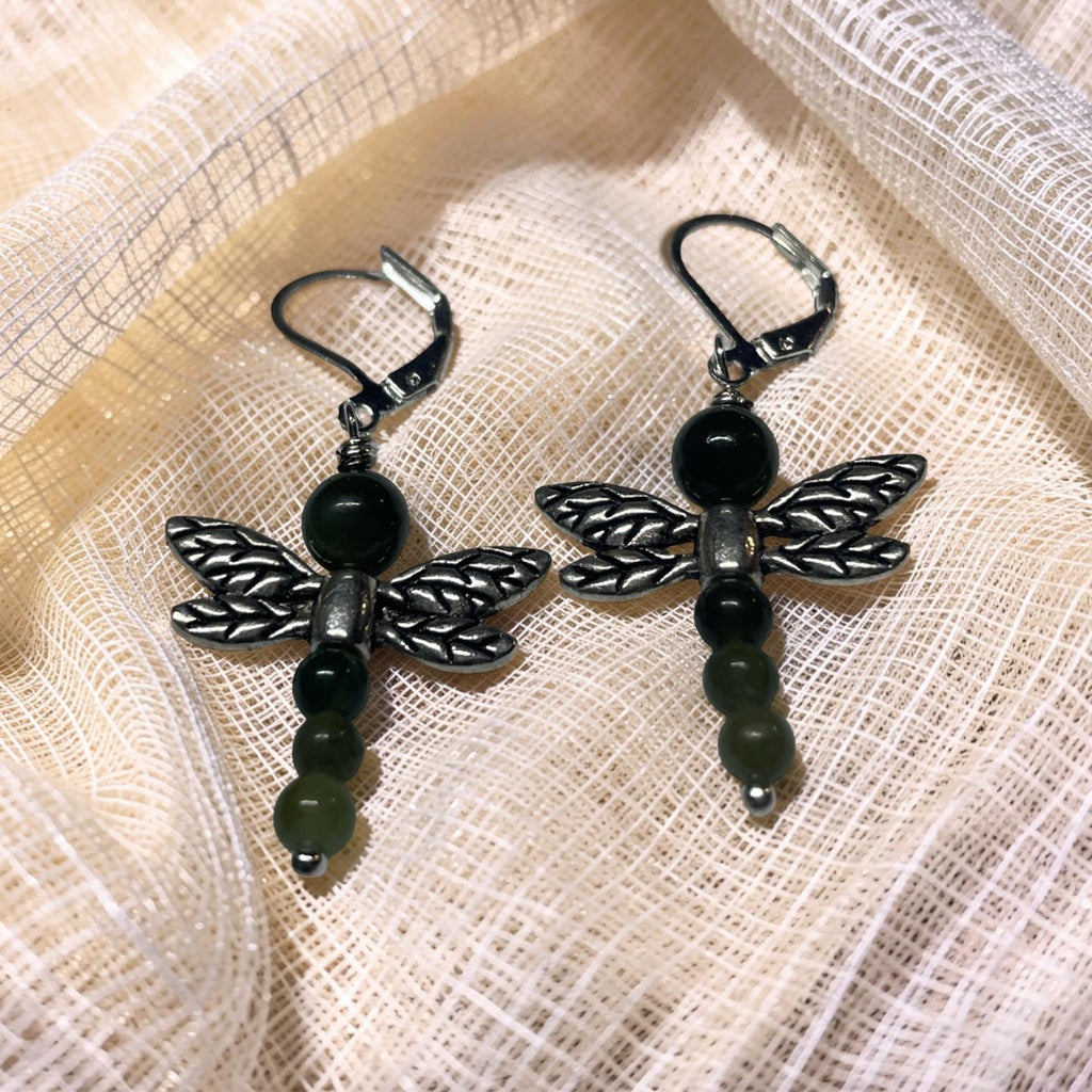 Jade and Silver Dragonfly Earrings