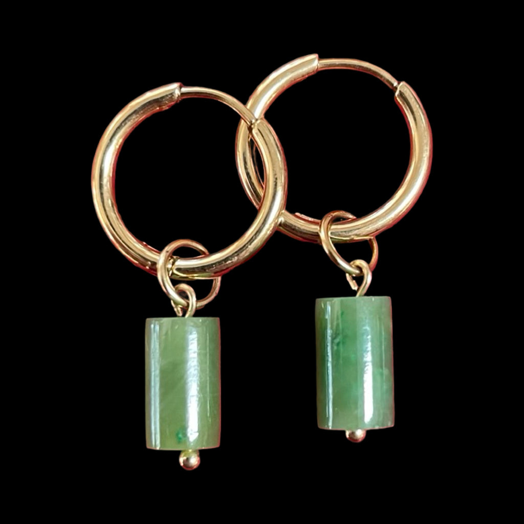 Jade and Stainless Gold Hoop Earrings