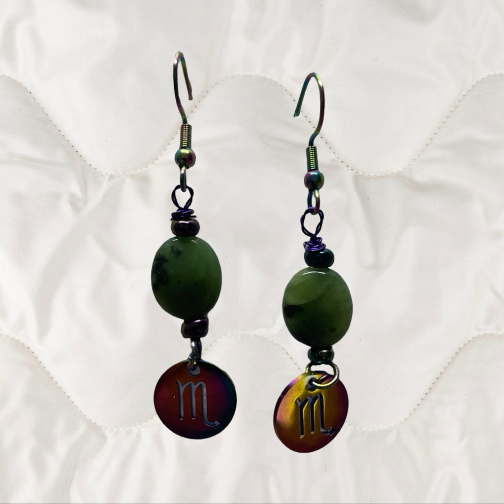 Jade and Rainbow Metal Zodiac Sign Dangle Earrings