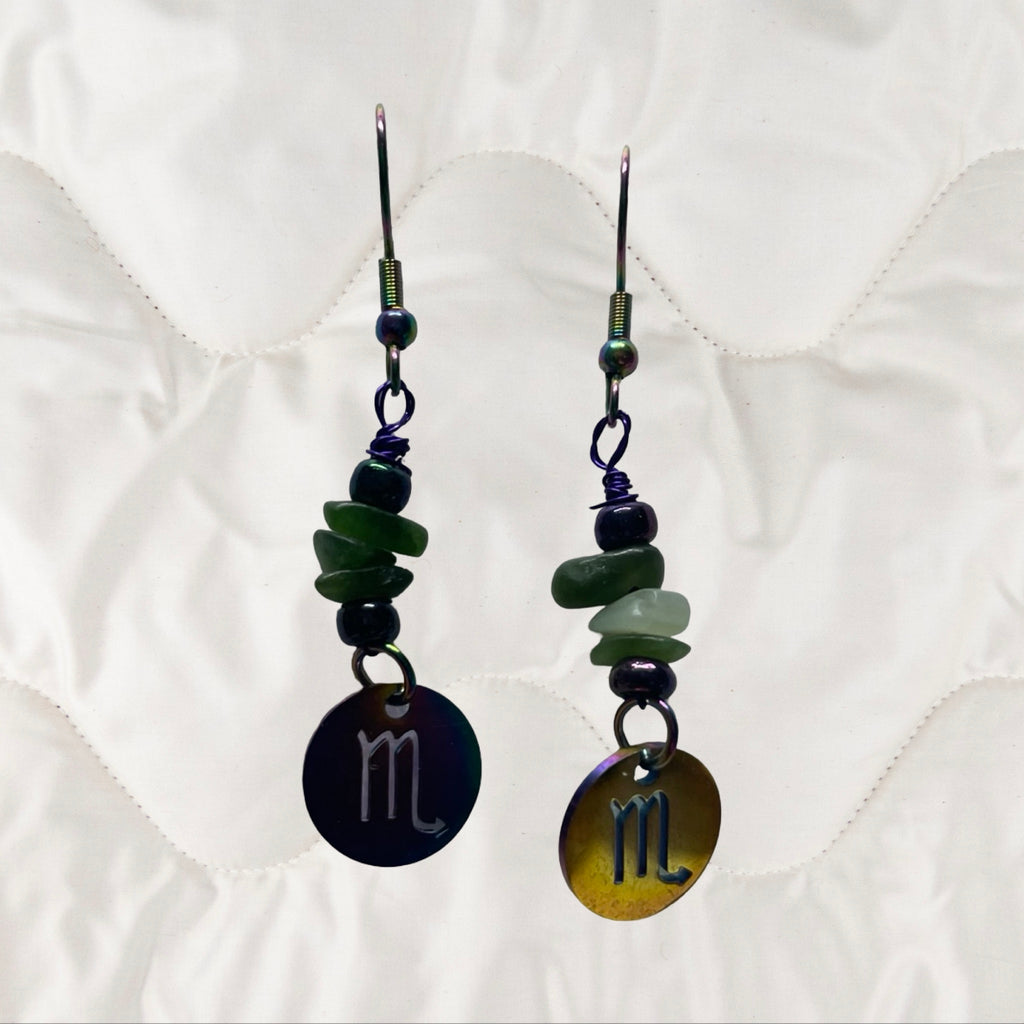 Jade and Rainbow Metal Zodiac Sign Dangle Earrings