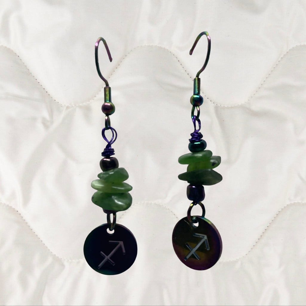 Jade and Rainbow Metal Zodiac Sign Dangle Earrings