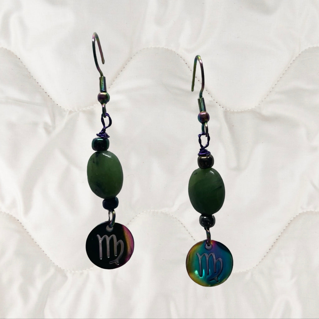 Jade and Rainbow Metal Zodiac Sign Dangle Earrings