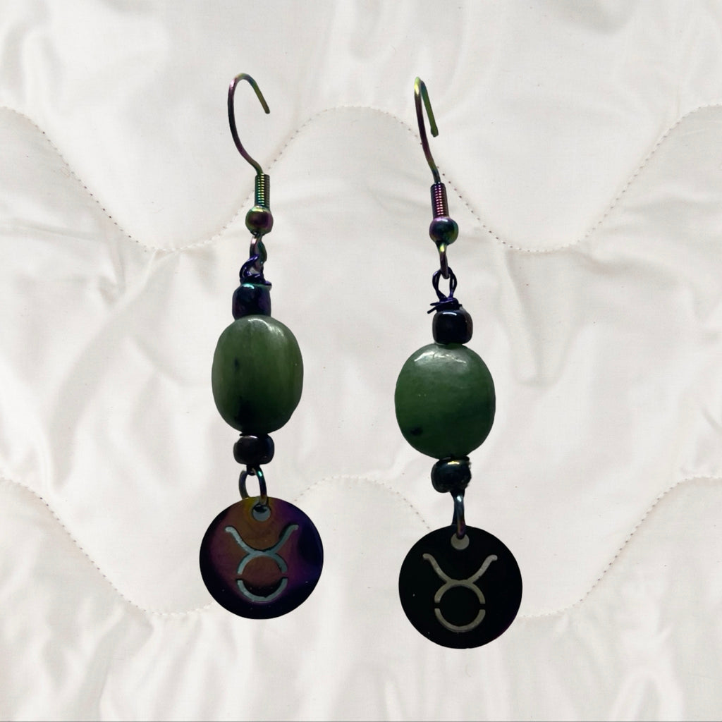 Jade and Rainbow Metal Zodiac Sign Dangle Earrings