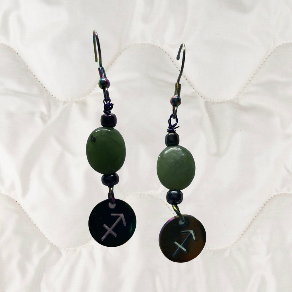 Jade and Rainbow Metal Zodiac Sign Dangle Earrings