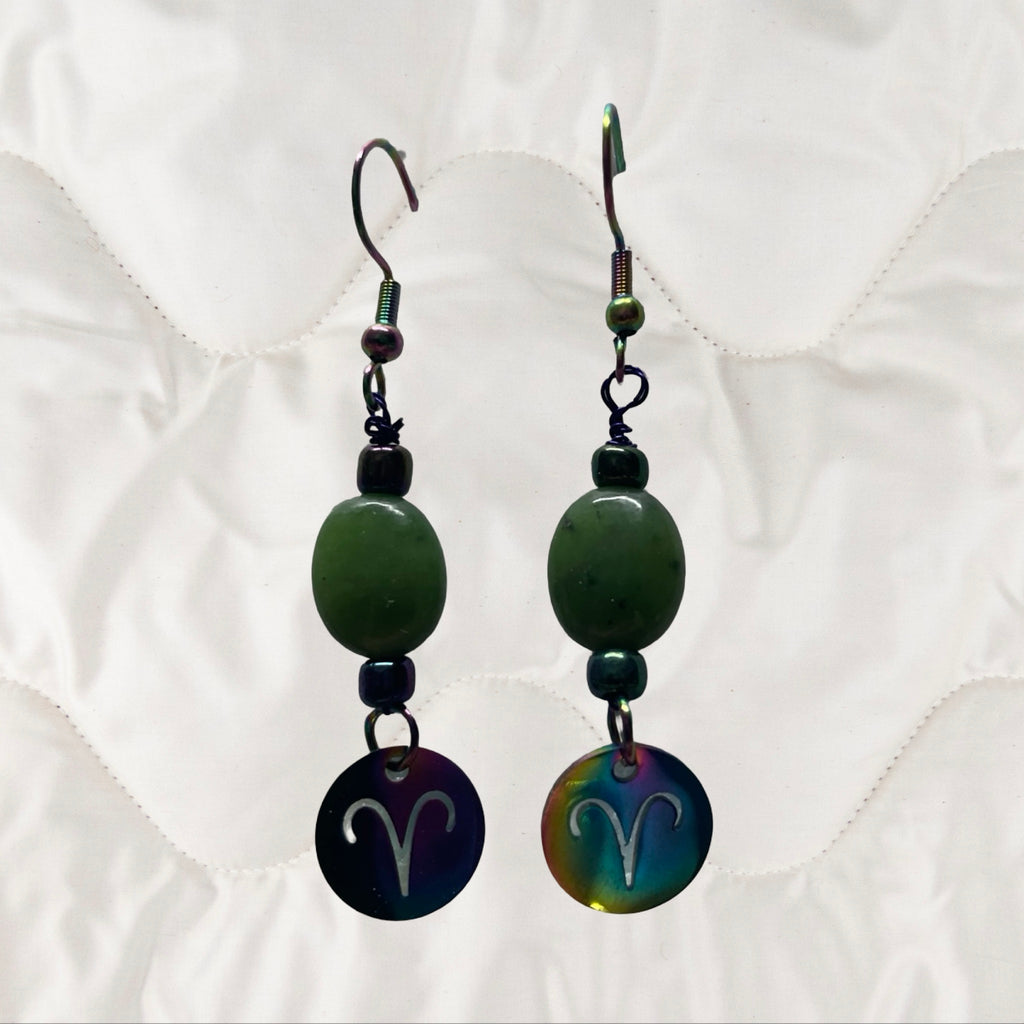 Jade and Rainbow Metal Zodiac Sign Dangle Earrings