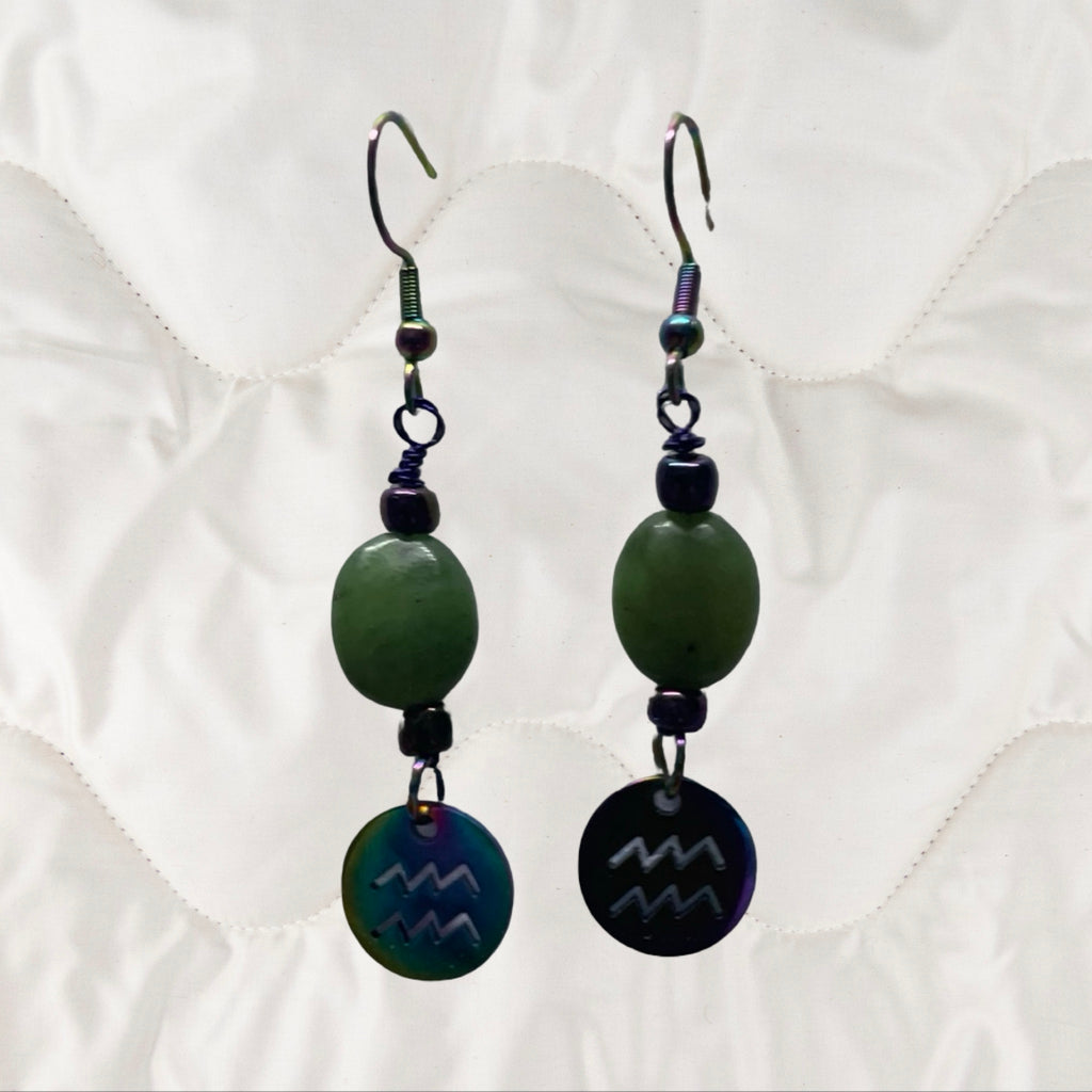 Jade and Rainbow Metal Zodiac Sign Dangle Earrings