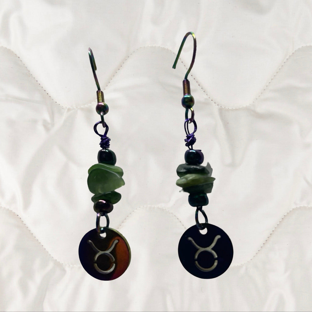 Jade and Rainbow Metal Zodiac Sign Dangle Earrings
