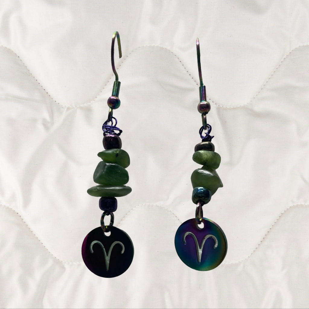 Jade and Rainbow Metal Zodiac Sign Dangle Earrings
