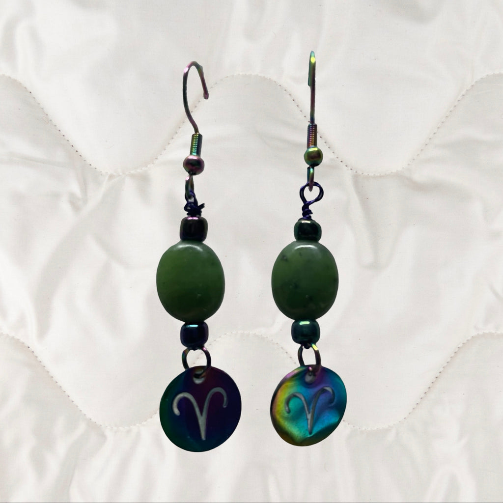 Jade and Rainbow Metal Zodiac Sign Dangle Earrings