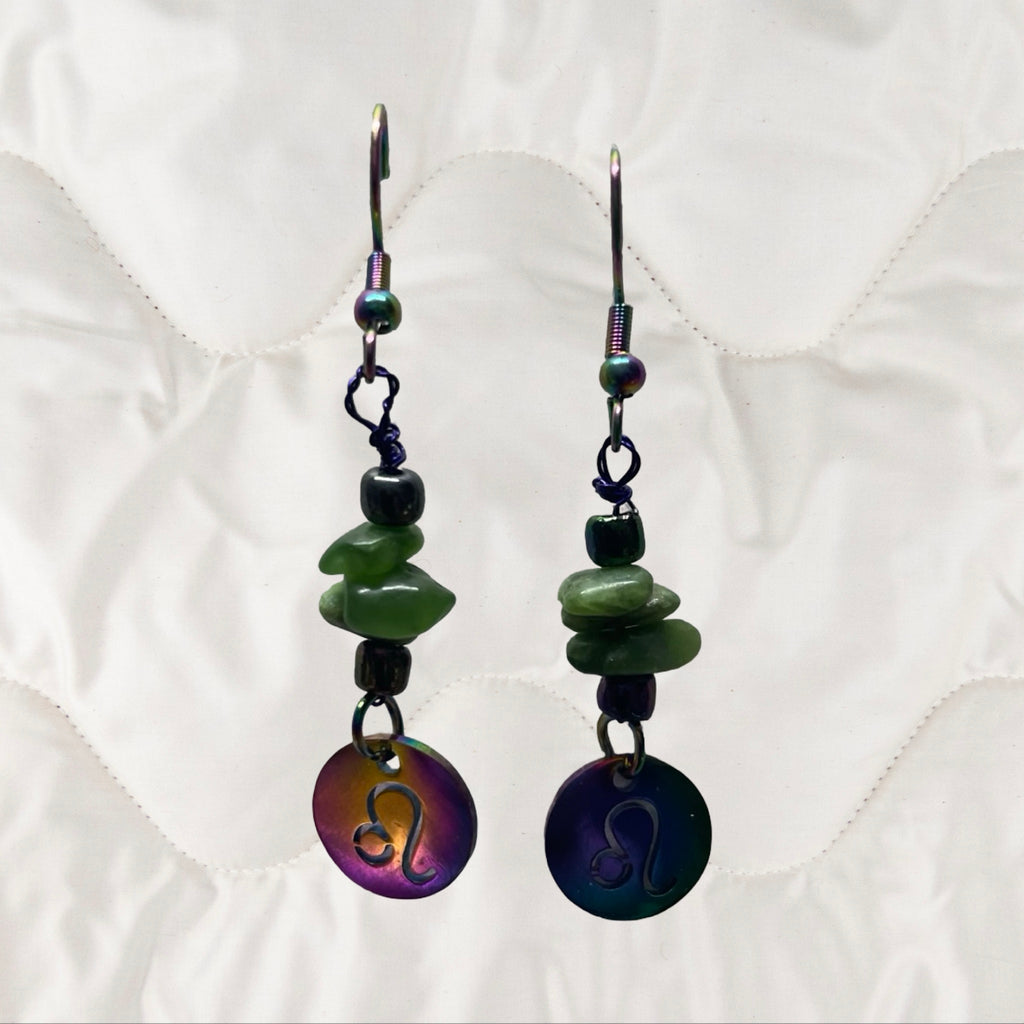 Jade and Rainbow Metal Zodiac Sign Dangle Earrings