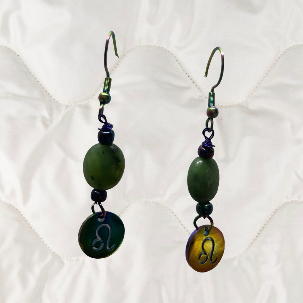 Jade and Rainbow Metal Zodiac Sign Dangle Earrings