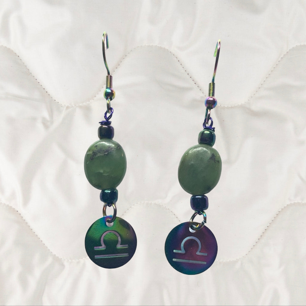 Jade and Rainbow Metal Zodiac Sign Dangle Earrings