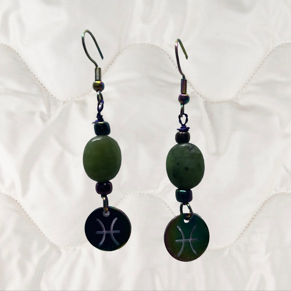 Jade and Rainbow Metal Zodiac Sign Dangle Earrings