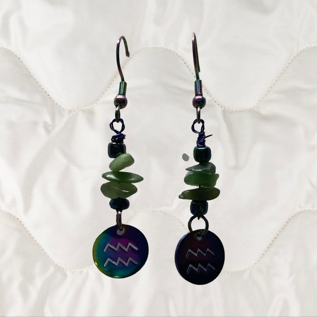 Jade and Rainbow Metal Zodiac Sign Dangle Earrings