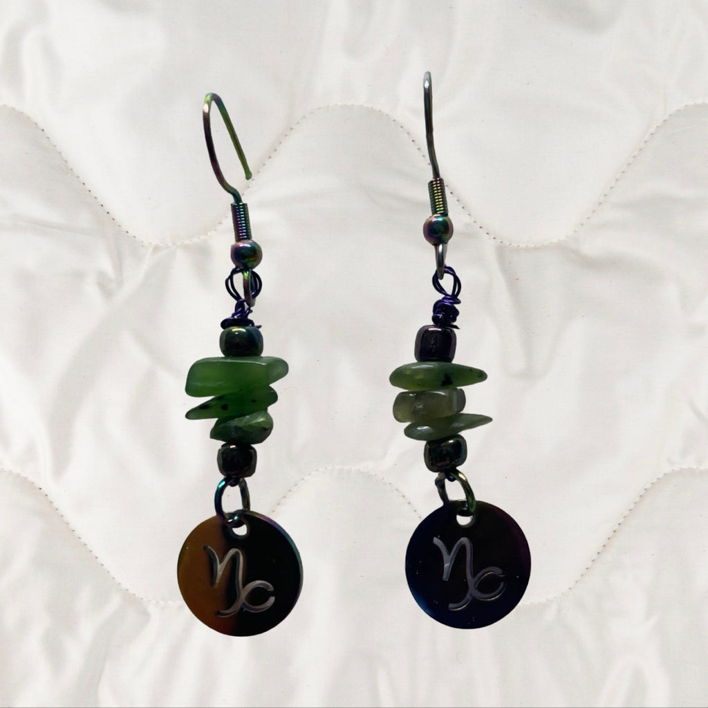 Jade and Rainbow Metal Zodiac Sign Dangle Earrings