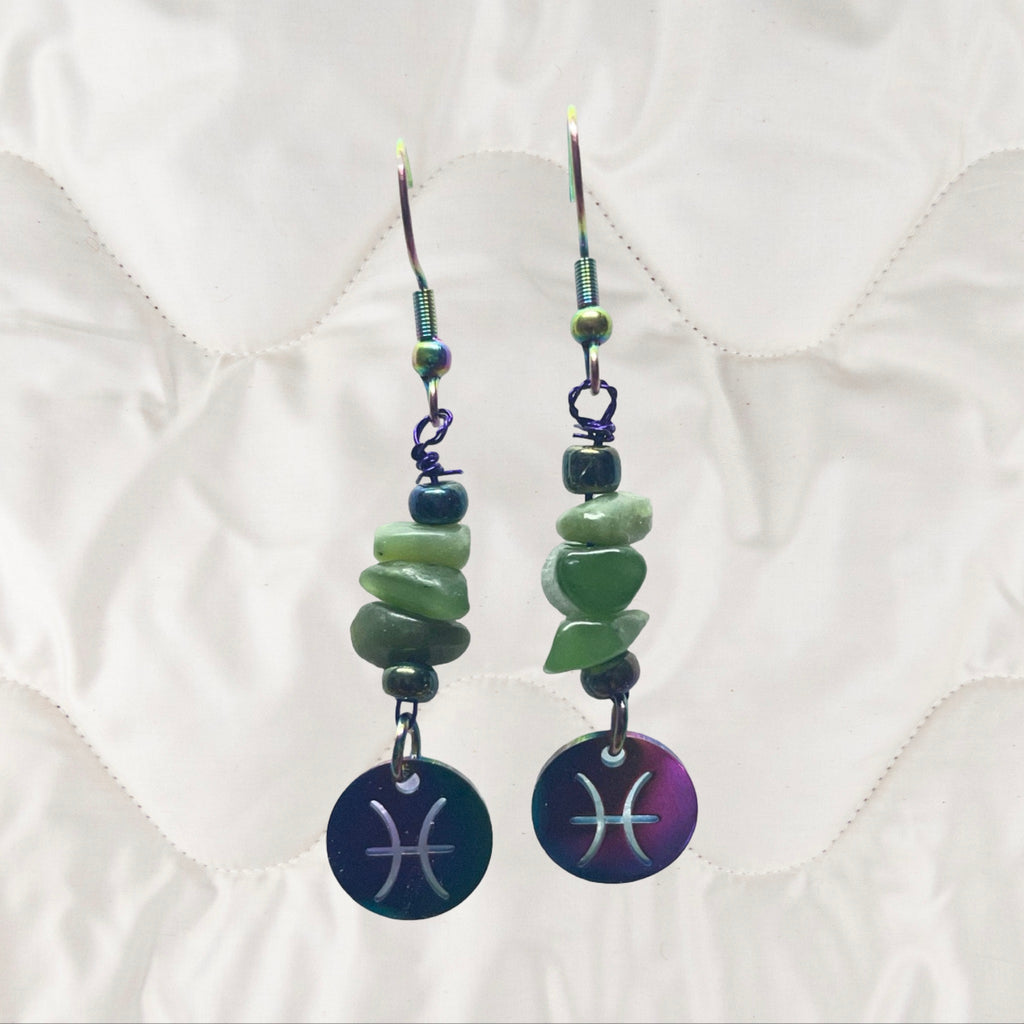 Jade and Rainbow Metal Zodiac Sign Dangle Earrings