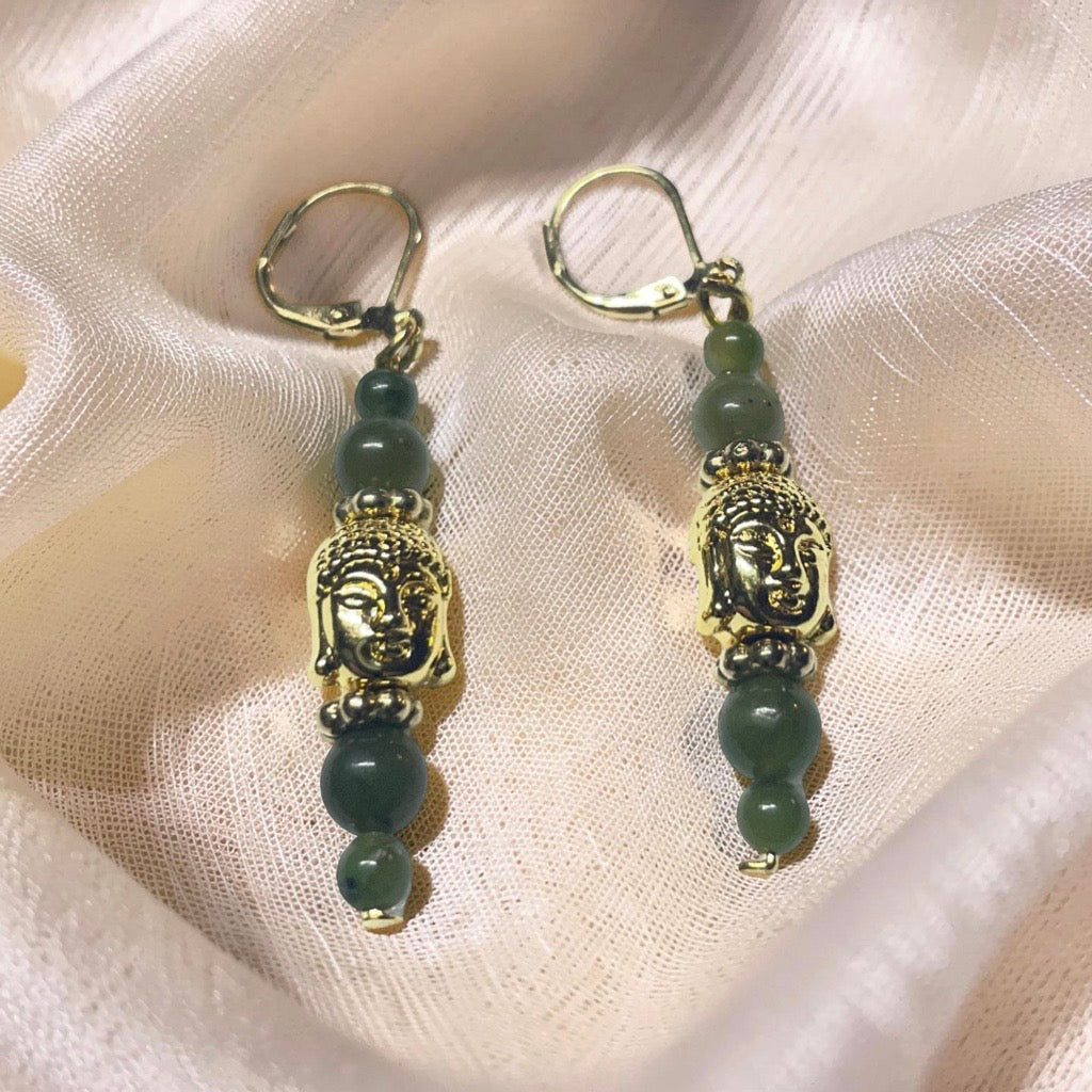 Jade Bead and Gold Buddha Earrings