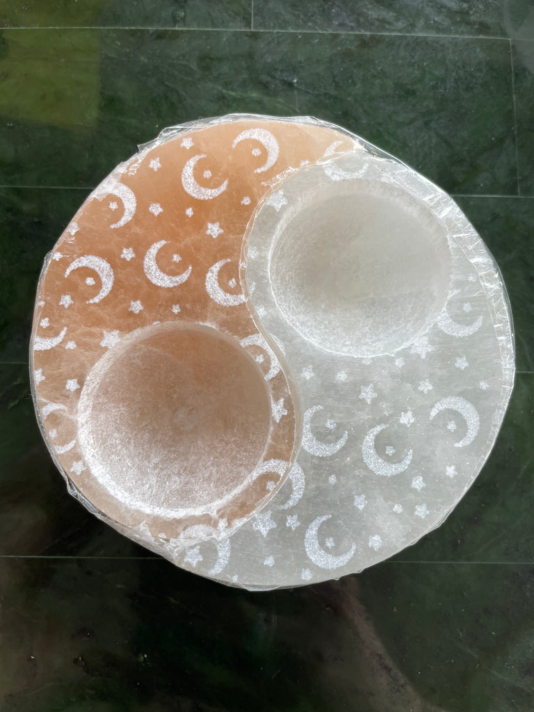 Selenite and calcite yin yang candle holder
