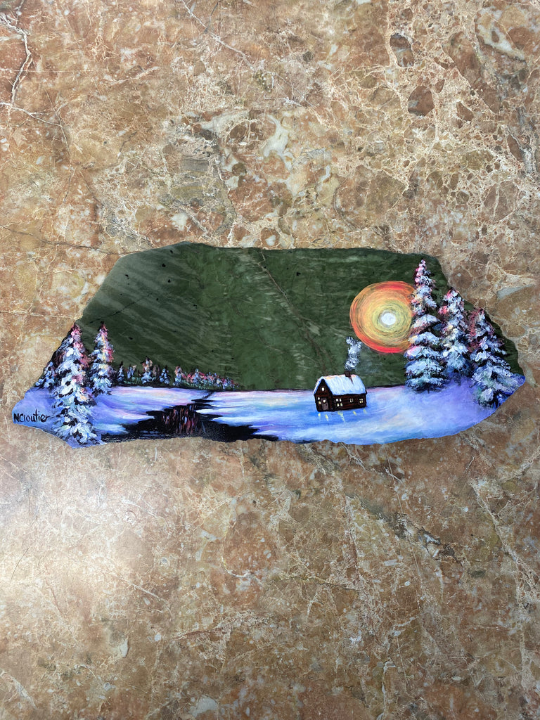 Cabin in a Snow Forest Painting on a Jade
