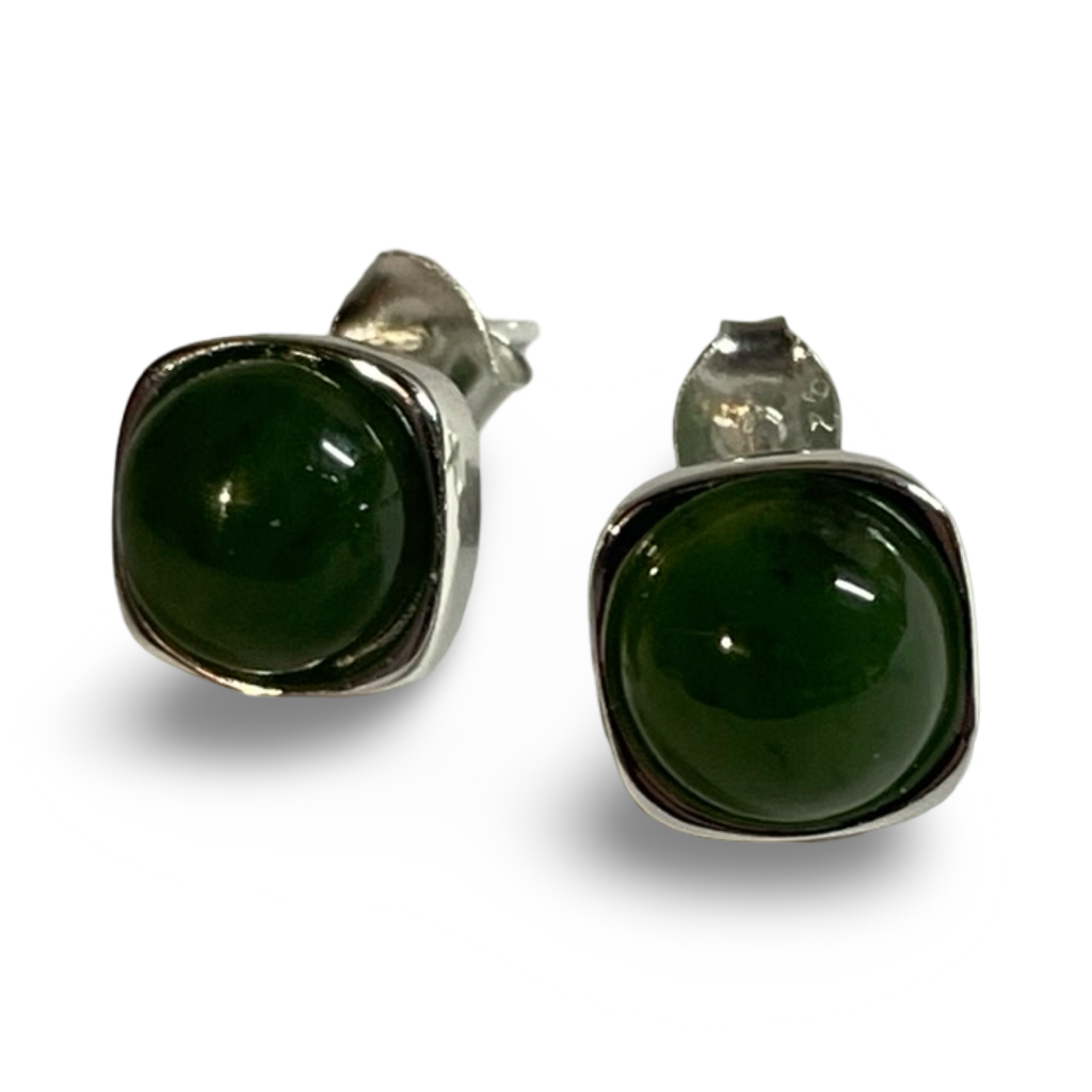 Silver Square and Round Stud Earrings - jade or rhodonite