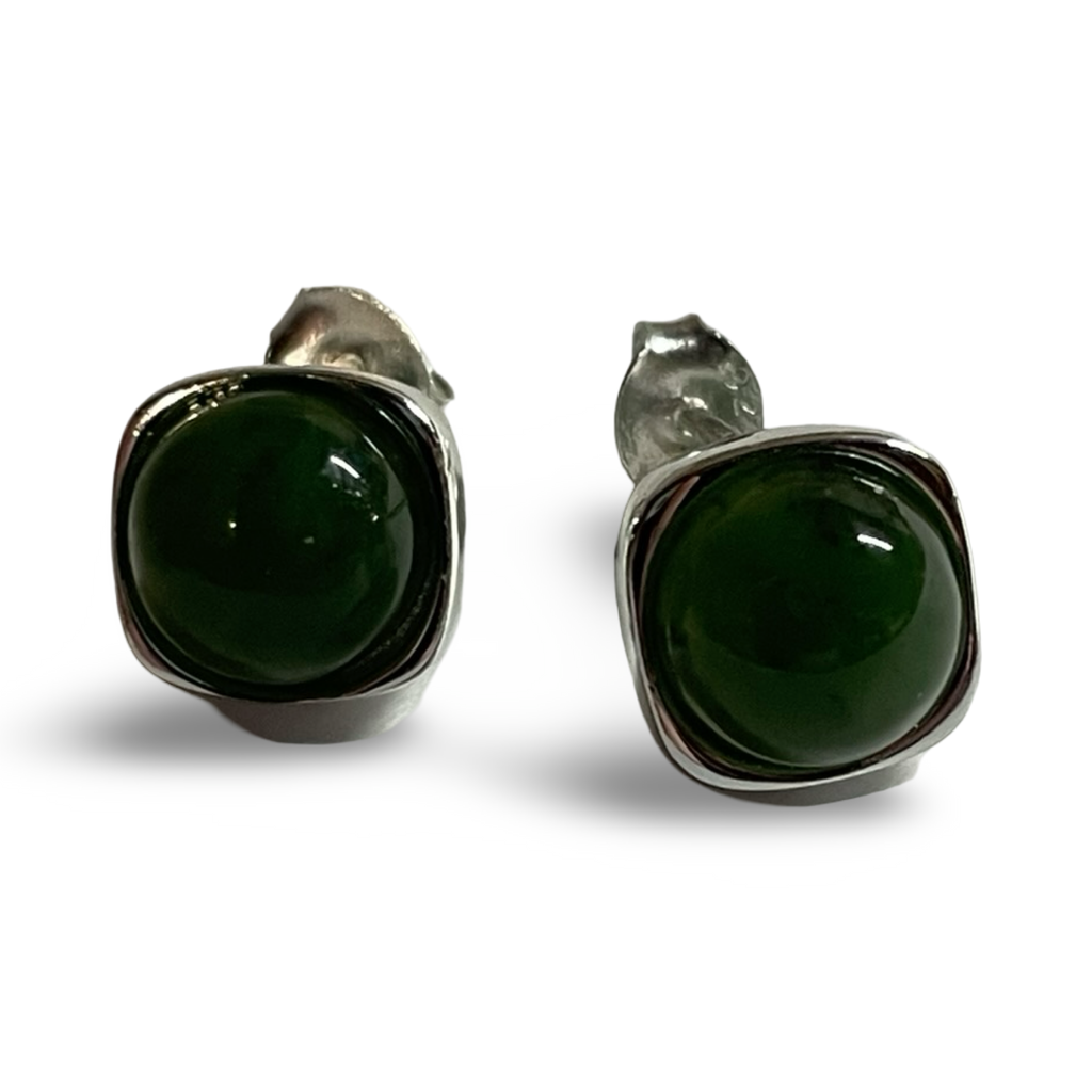 Silver Square and Round Stud Earrings - jade or rhodonite