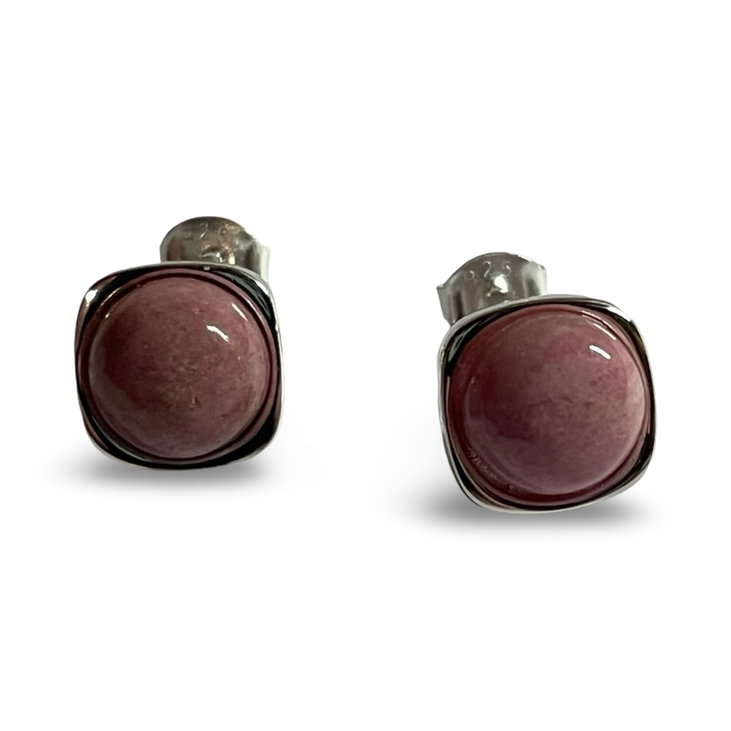 Silver Square and Round Stud Earrings - jade or rhodonite