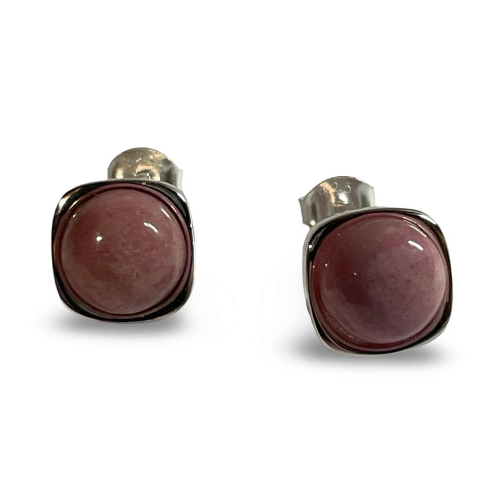 Silver Square and Round Stud Earrings - jade or rhodonite